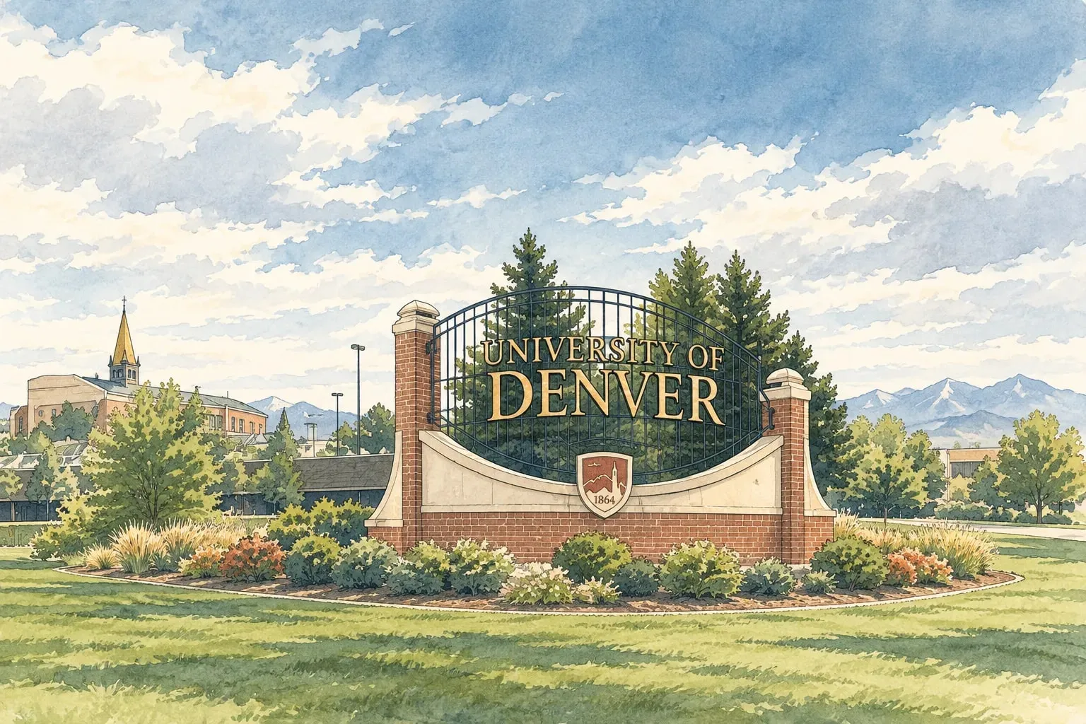 Ink and watercolor illustration of the University of Denver brick entry sign with the campus beyond