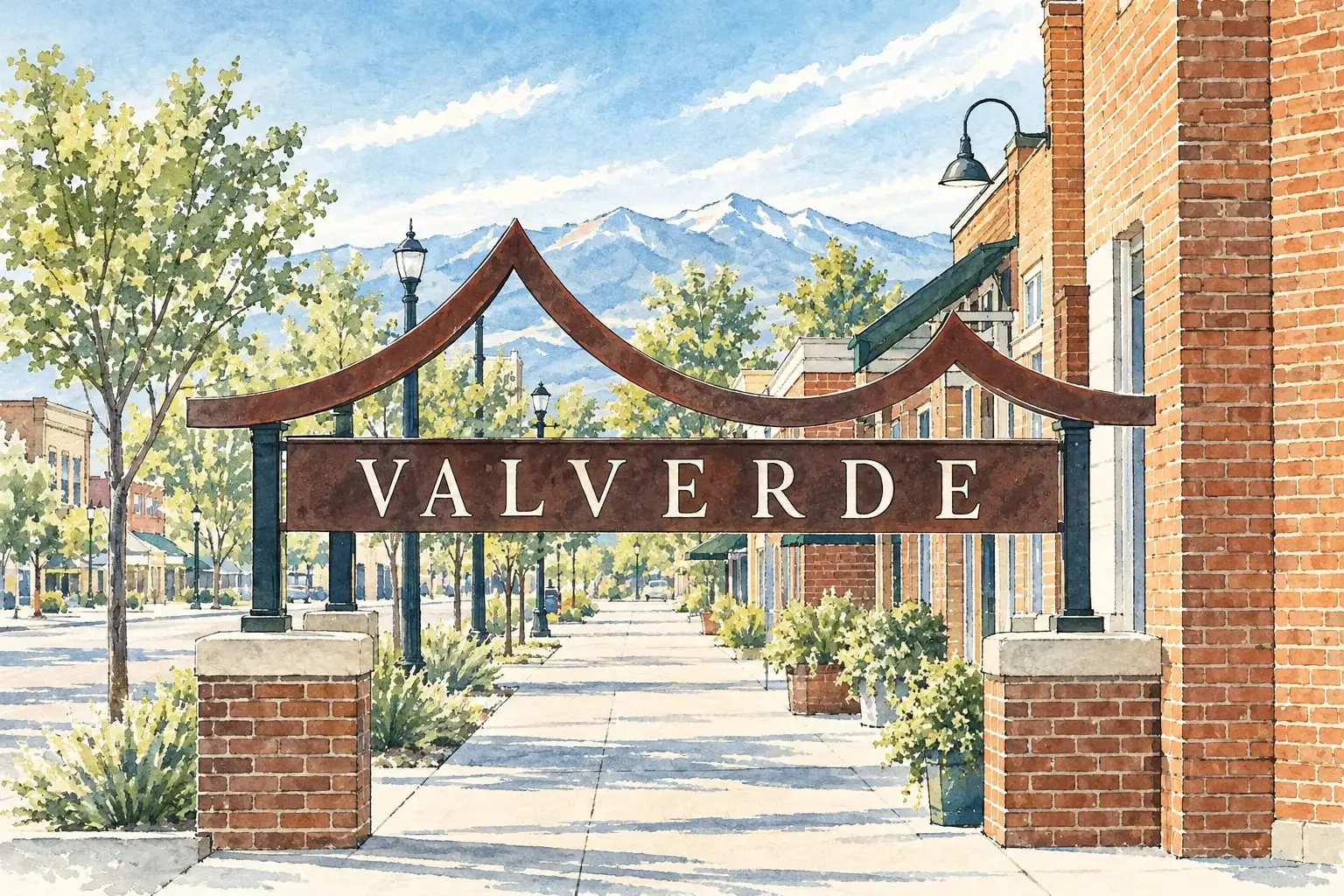 Ink and watercolor illustration of a Valverde neighborhood archway over a sidewalk with the mountains beyond