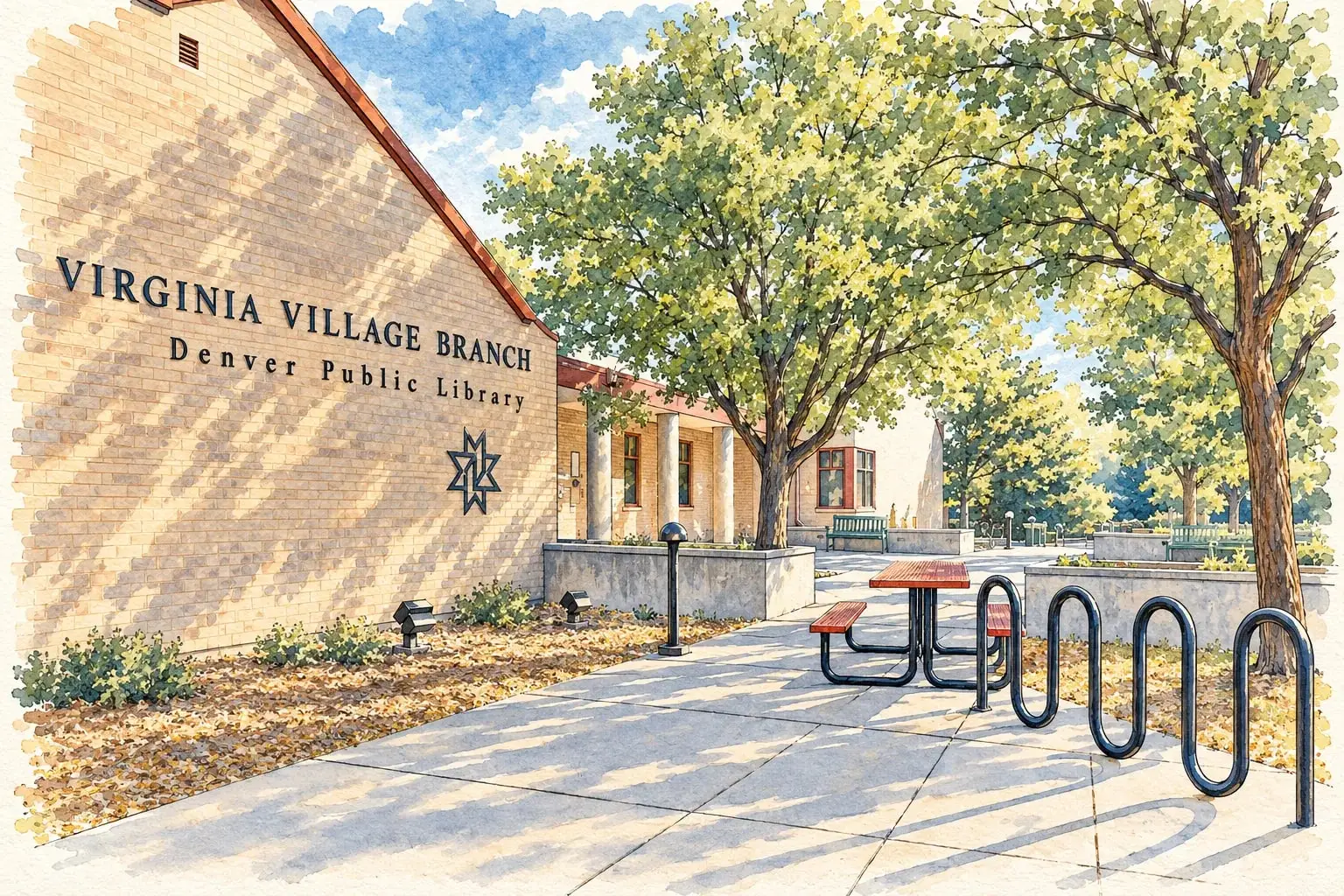 Ink and watercolor illustration of the Virginia Village branch library entrance with its shaded plaza