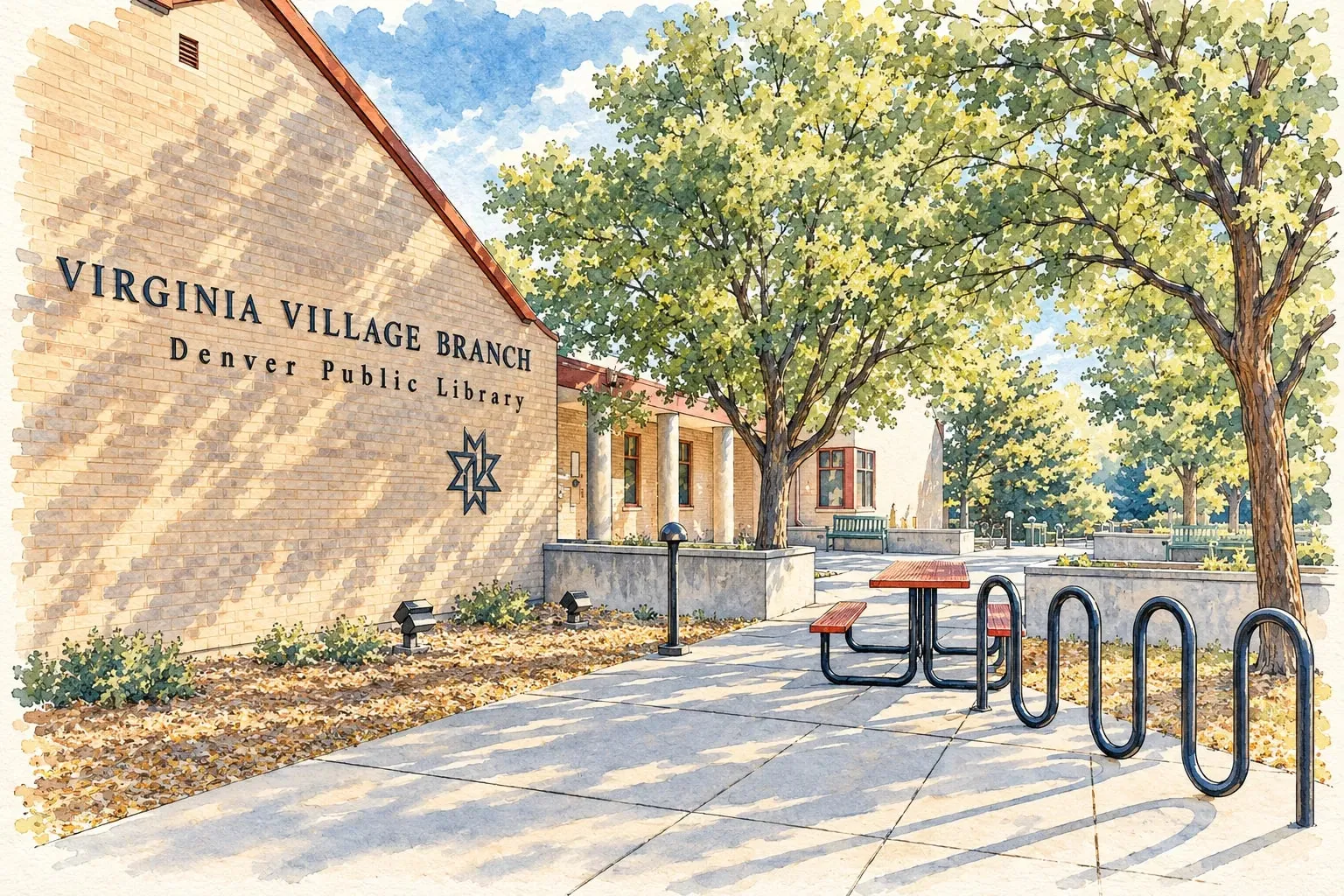 Ink and watercolor illustration of the Virginia Village branch library entrance with its shaded plaza