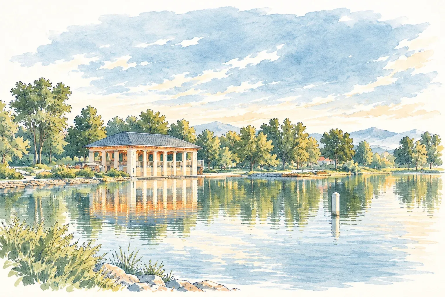 Ink and watercolor illustration of the boathouse on Smith Lake in Washington Park, Denver