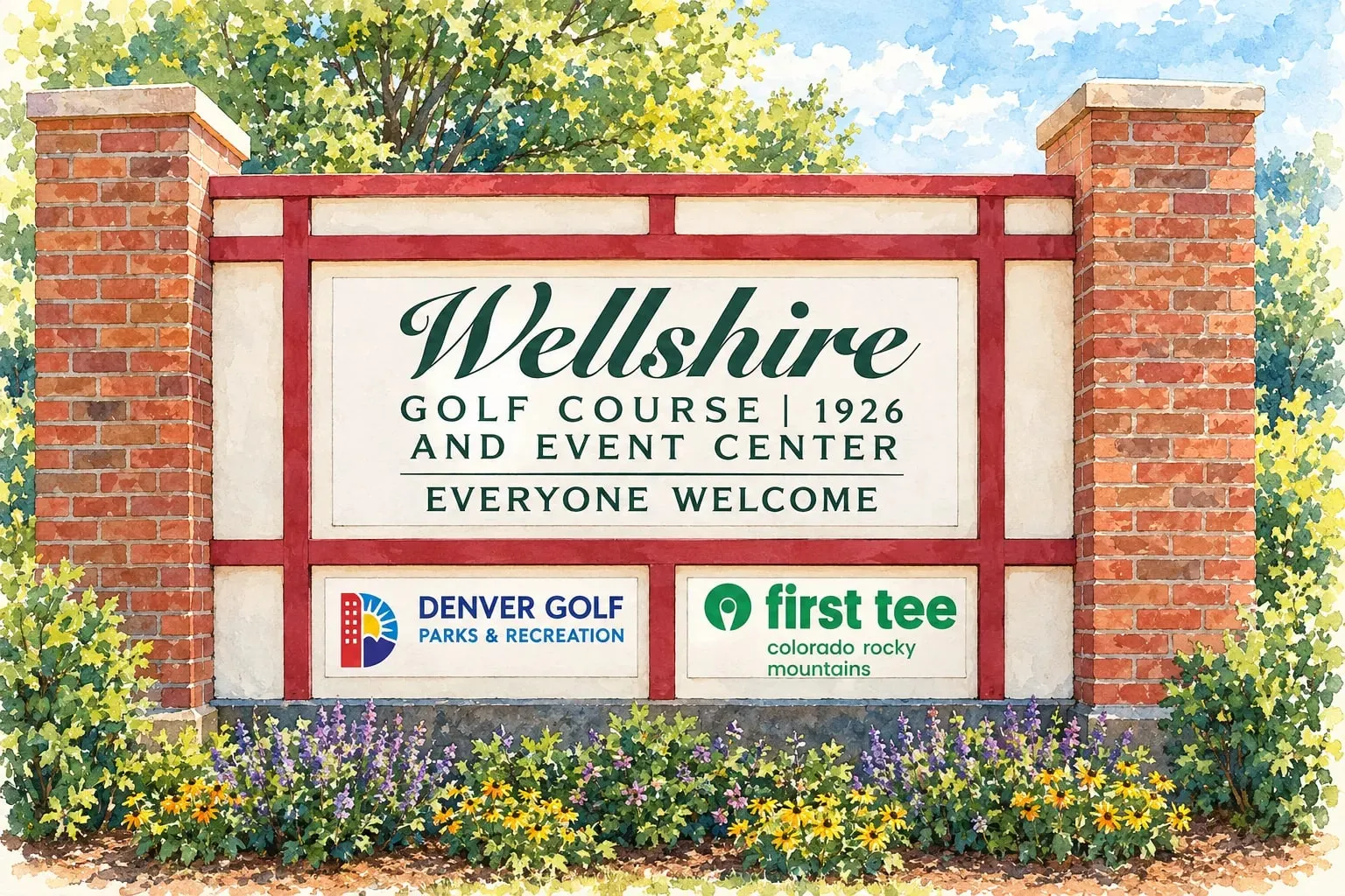 Ink and watercolor illustration of the Wellshire Golf Course and Event Center entry sign