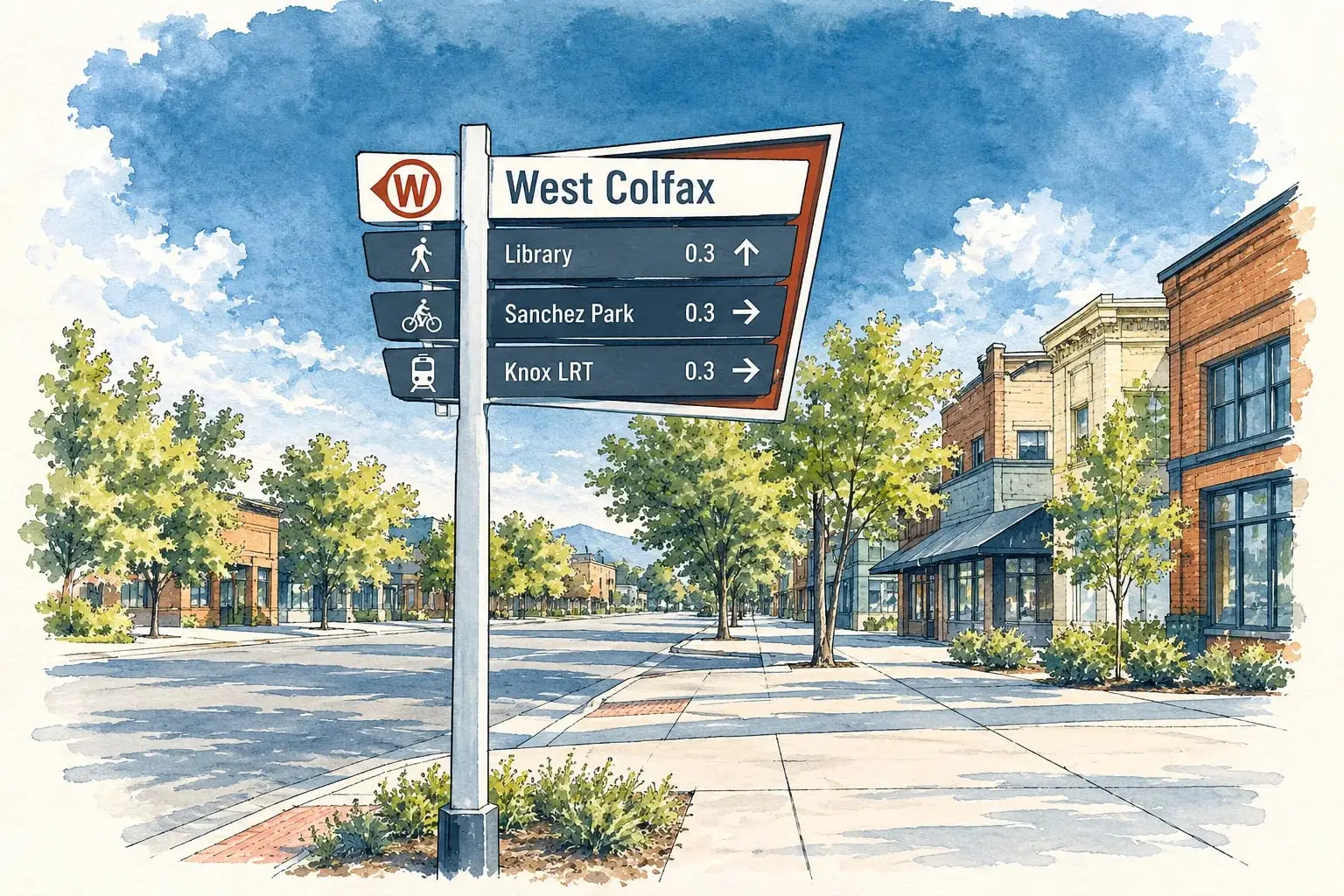 Ink and watercolor illustration of a West Colfax wayfinding sign pointing to the library, Sanchez Park and the Knox light rail station