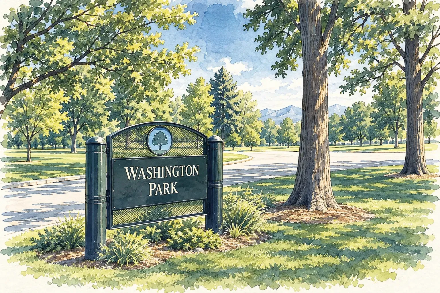 Ink and watercolor illustration of the Washington Park sign under mature trees with the mountains beyond
