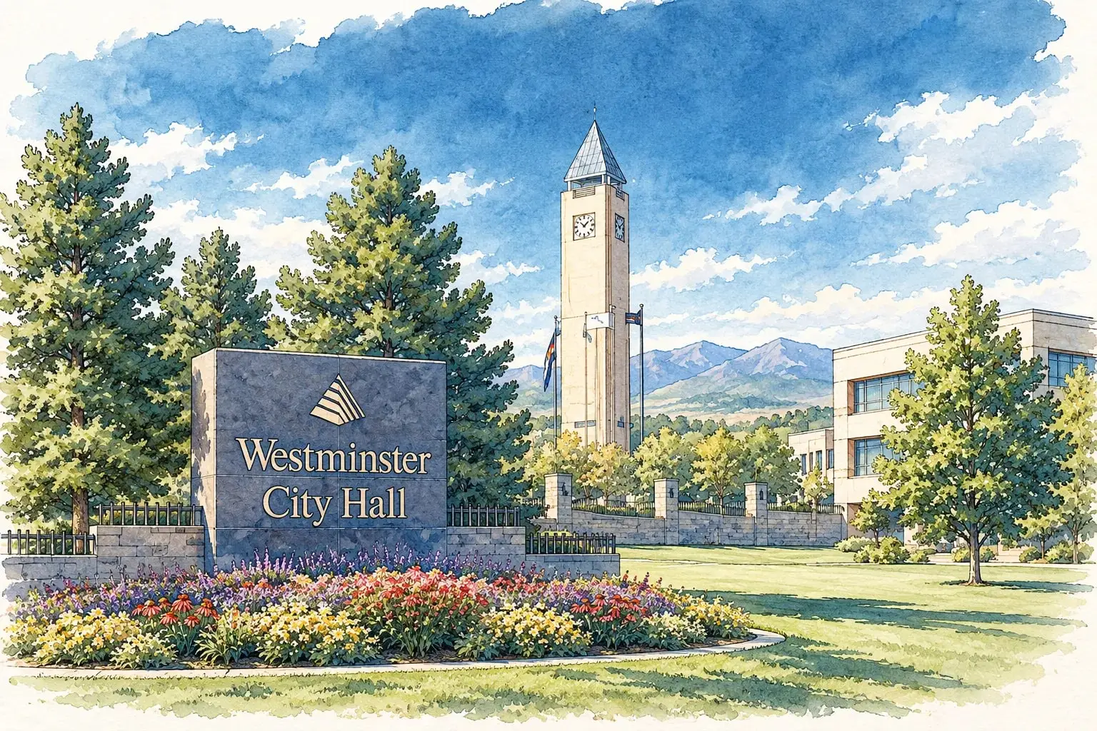 Ink and watercolor illustration of the Westminster City Hall sign with the clock tower and mountains beyond