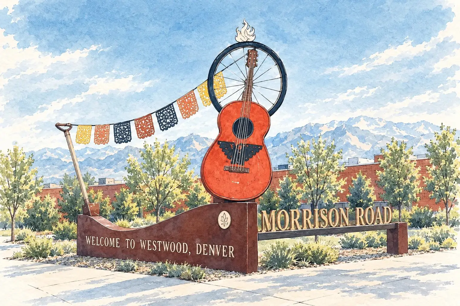 Ink and watercolor illustration of the Welcome to Westwood monument on Morrison Road with its guitar sculpture and papel picado
