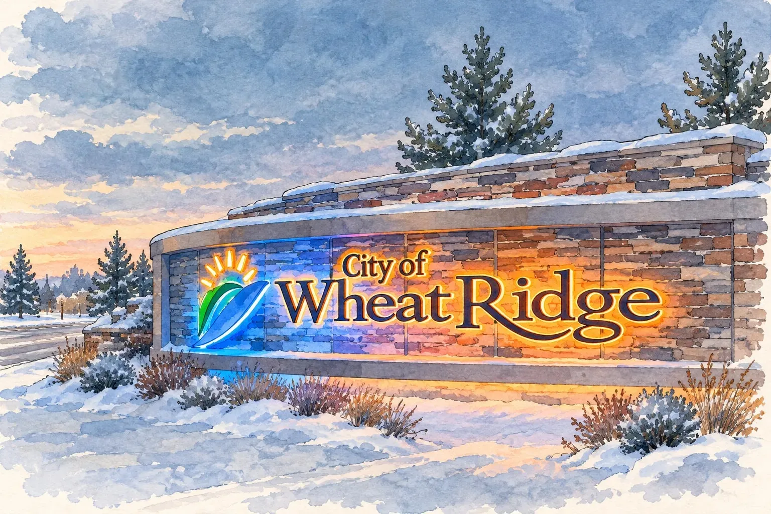 Ink and watercolor illustration of the City of Wheat Ridge entry sign at dusk in winter