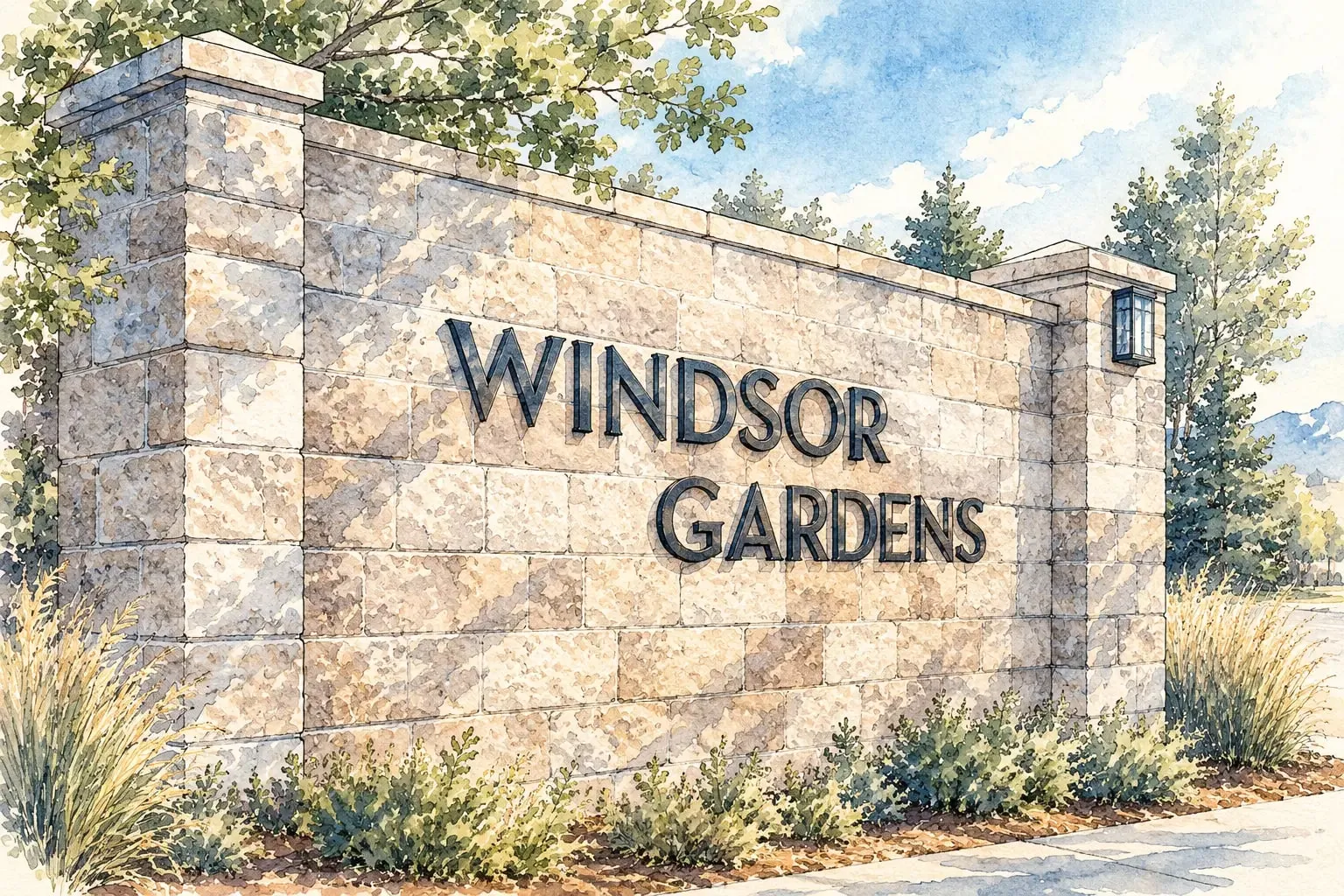 Ink and watercolor illustration of the Windsor Gardens stone entry wall